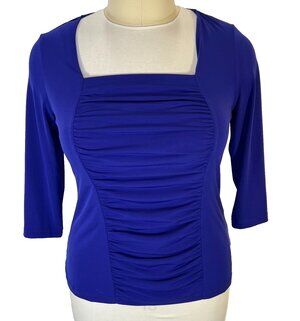 Susan Graver Blouse Womens L Purple Stretch Ruched Front Panel 3/4 Sleeve